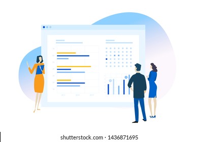 Flat design concept of business app, data analysis, CRM. Vector illustration for website banner, marketing material, business presentation, online advertising.