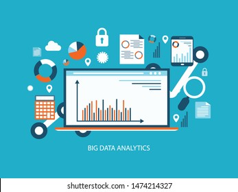 Flat design concept of business big data analysis, global analytics, financial research report, marketing statistics