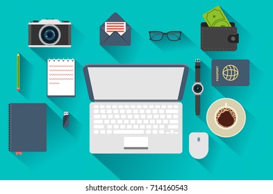 Flat Design Concept For Business. Businessman Workspace. Vector