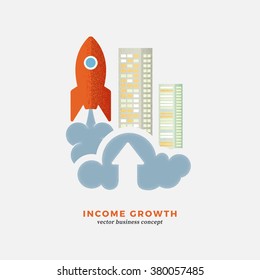 Flat design concept of business and global economy. Rocket start up composition with skyscrapers buildings.