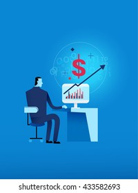 flat design concept ,business man working in front of computer connect to the internet represent seo, social media and pay per click internet advertising.

