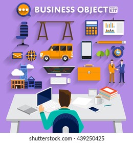 Flat design concept business man working on workspace and show business tools use for success business