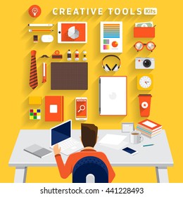 Flat design concept business man working on workspace and show business tools use for success business