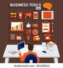 Flat design concept business man working on workspace and show business tools use for success business