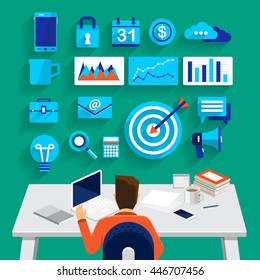 Flat design concept business man working on workspace and show business tools use for success business