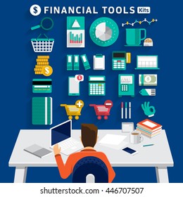 Flat design concept business man working on workspace and show business tools use for success business