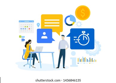 Flat design concept of business management software, data analysis, task management. Vector illustration for website banner, marketing material, business presentation, online advertising.