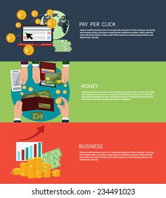 Flat design concept of business money and pay per click internet advertising banners