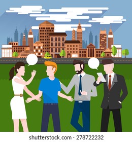 Flat design concept business people discuss on city background