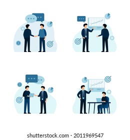 Flat design concept of business presentation, businessman, communication. Vector illustration for website banner, marketing material, presentation template, online advertising.