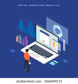 Flat design concept business strategy. 3d isometric flat design. Analysis data and Investment. Business success.Financial review with laptop and infographic elements. Vector illustration.