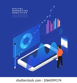 Flat design concept business strategy. 3d isometric flat design. Analysis data and Investment. Business success.Financial review with laptop and infographic elements. Vector illustration.