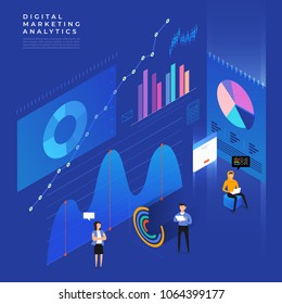 Flat design concept business strategy. 3d isometric flat design. Analysis data and Investment. Business success.Financial review with laptop and infographic elements. Vector illustration.