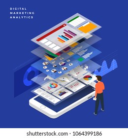 Flat design concept business strategy. 3d isometric flat design. Analysis data and Investment. Business success.Financial review with laptop and infographic elements. Vector illustration.