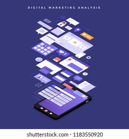 Flat design concept business strategy. 3d isometric flat design. Analysis data and Investment. Business success.Financial review with laptop and infographic elements. Vector illustration.