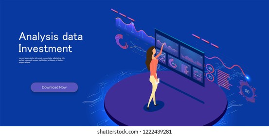 	
Flat design concept business strategy. 3d isometric flat design. Analysis data and Investment. Business success.Financial review with laptop and infographic elements.