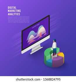 Flat design concept business strategy. 3d isometric flat design. Analysis data and Investment. Business success.Financial review with laptop and infographic elements. Vector illustration.