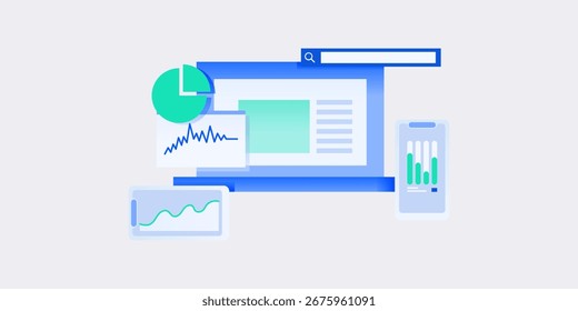 Concepto de diseño plano estrategia de negocios. Datos de análisis e inversión. Éxito comercial. Revisión financiera con elementos de computadora portátil e infografía. Ilustración vectorial.