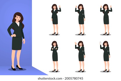 Flat design concept of Business woman with different poses, working and presenting process gestures, actions and poses. Vector cartoon character design set. 