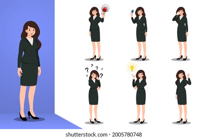 Flat design concept of Business woman with different poses, working and presenting process gestures, actions and poses. Vector cartoon character design set. 