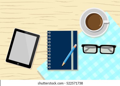 Flat design concept of business workplace. Top view of table with digital tablet,notebook,Pencil,on table