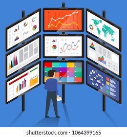 Flat design concept businessman analysis digital data. Vector illustrate