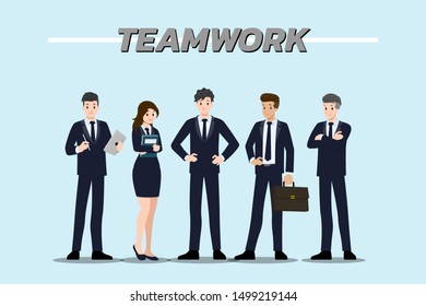 Flat design concept of Businessman and Business woman teamwork with different poses, working and presenting gestures, actions and poses. Vector cartoon character design set.