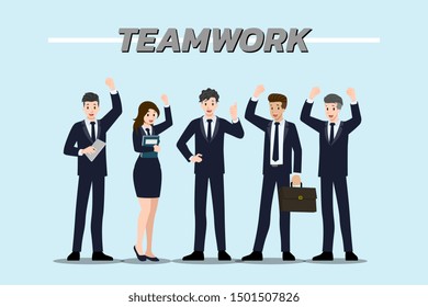 Flat design concept of Businessman and Business woman teamwork with different poses, working and presenting gestures, actions and poses. Vector cartoon character design set.