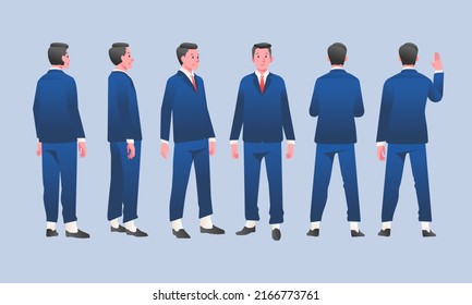 Concepto plano de diseño del conjunto de caracteres Businessman con diferentes posiciones de gestos de punto de vista, lado, frente, atrás. traje azul