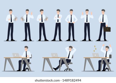 Flat design concept of Businessman with different poses, working and presenting process gestures, actions and poses. Vector cartoon character design set. 
