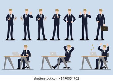 Flat design concept of Businessman with different poses, working and presenting process gestures, actions and poses. Vector cartoon character design set. 
