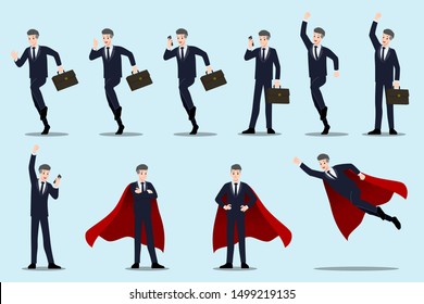 Flat design concept of Businessman with different poses, working and presenting process gestures, actions and poses. Vector cartoon character design set. 