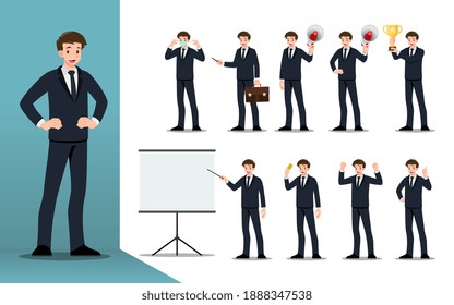 Flat design concept of Businessman with different poses, working and presenting process gestures, actions and poses. Vector cartoon character design set. 