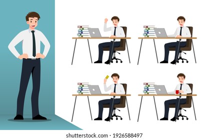 Flat design concept of Businessman with different poses, working and presenting process gestures, actions and poses. Vector cartoon character design set. 