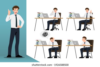 Flat design concept of Businessman with different poses, working and presenting process gestures, actions and poses. Vector cartoon character design set. 