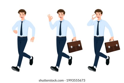 Flat design concept of Businessman with different poses, working and presenting process gestures and actions. Vector cartoon character design set. 