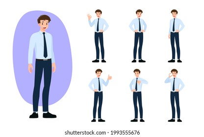 Concepto plano de Businessman con diferentes posturas, trabajo y presentación de gestos y acciones de procesos. Conjunto de diseño de personajes de dibujos animados. 