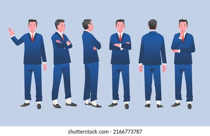 Flat design concept of Businessman with different poses gestures. Vector cartoon character design set. blue suit