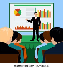 Flat design concept of businessman presenting development and financial plan on meeting