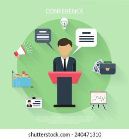 Flat design concept of businessman presenting development and financial plan on meeting conference