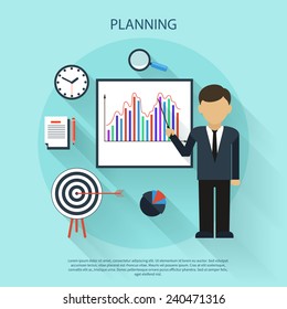 Flat design concept of businessman presenting development and financial planning on meeting conference