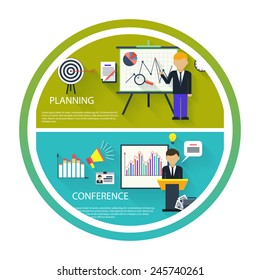 Flat design concept of businessman presenting development and financial planning on meeting conference
