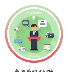 Flat design concept of businessman presenting development and financial plan on meeting conference