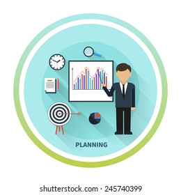 Flat design concept of businessman presenting development and financial planning on meeting conference
