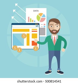 Flat design concept of businessman presenting his report through infographics. Reporting concept