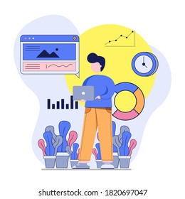 Flat Design Concept. Businessman stands with a laptop to analyze the data