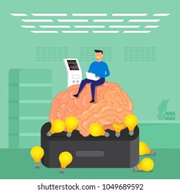 Flat design concept businessman training brain creative idea in labs. Vector illustrate.