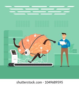 Flat design concept businessman training brain in labs. Vector illustrate.