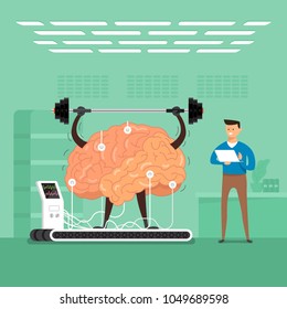 Flat design concept businessman training brain in labs. Vector illustrate.