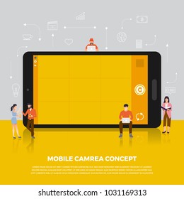 Flat design concept camera mobile. Group people develop icon camera mobile device. Vector illustrate.